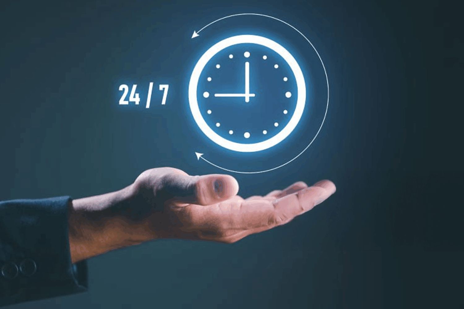 A clock hovering over a mans hand showing 24/7 availability.