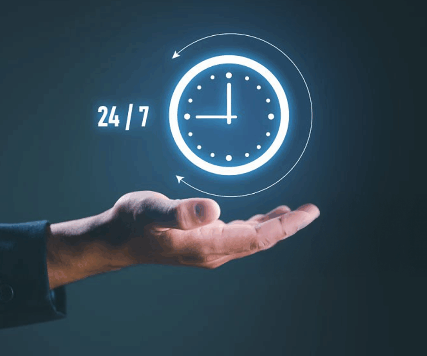A clock hovering over a mans hand showing 24/7 availability.